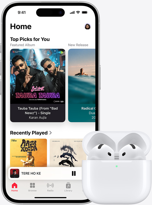 iPhone 16 playing music next to AirPods