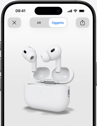 Diplay di un iPhone che mostra un rendering in realtà aumentata degli AirPods Pro.