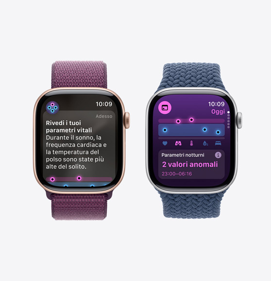 Un Apple Watch Series 10 che mostra sul display una notifica che invita a controllare i parametri vitali e un Apple Watch Series 10 con l’app Parametri vitali che segnala due anomalie.