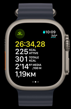 Un Apple Watch Ultra 2 che mostra una sessione di nuoto in acque libere con i dati su tempo, calorie e ritmo.