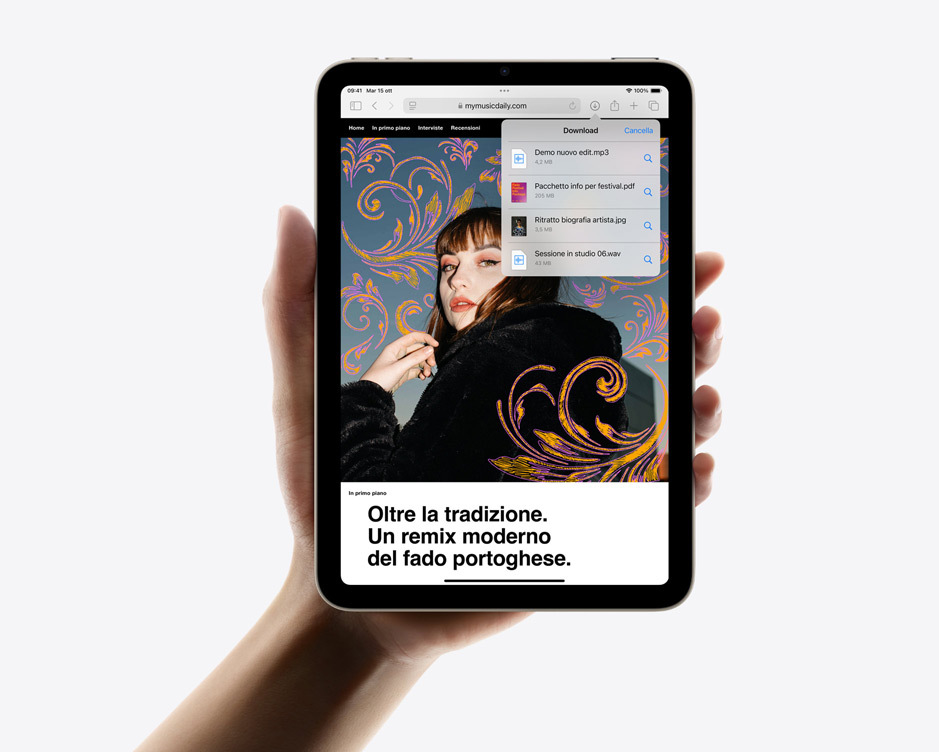 Una mano che tiene un iPad mini in verticale con alcuni download in Safari.