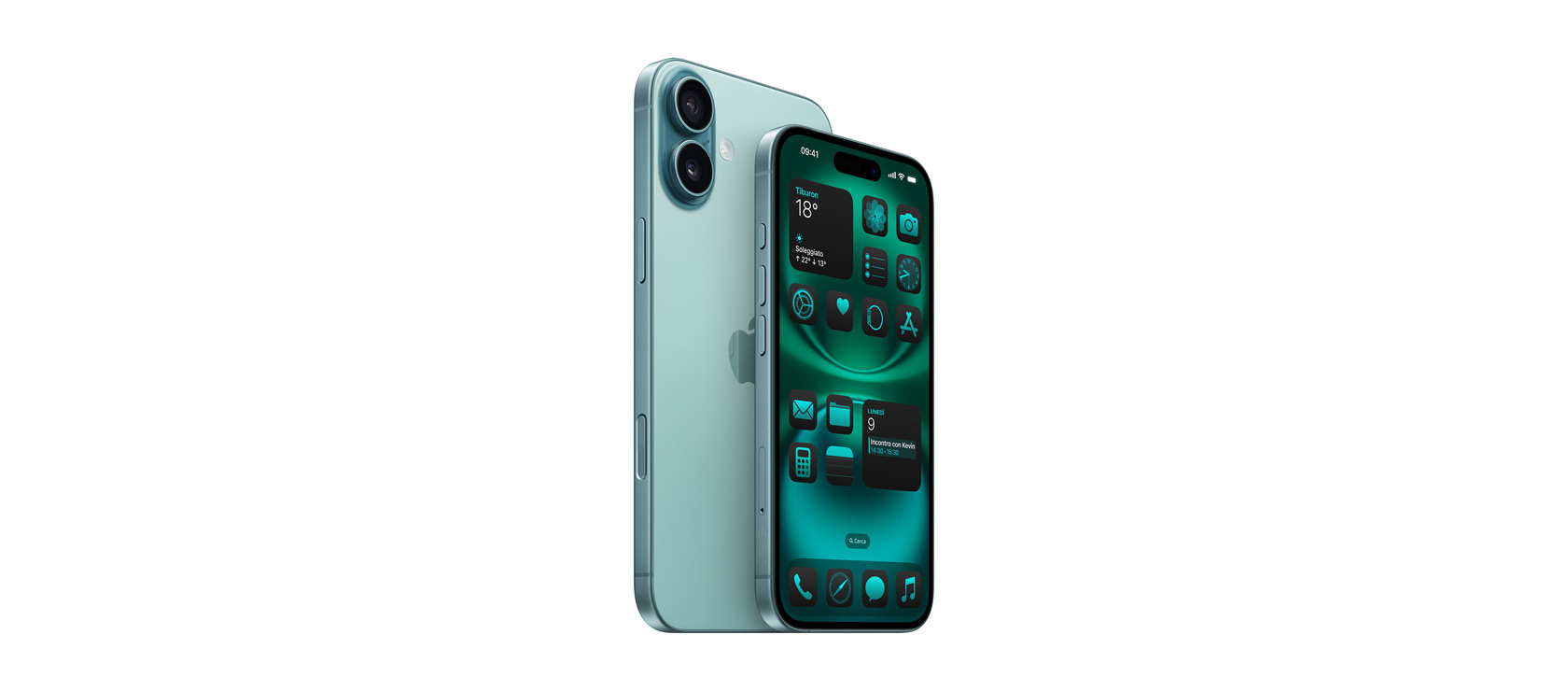 iPhone 16 Plus da 6,7 pollici e iPhone 16 da 6,1 pollici in verde acqua