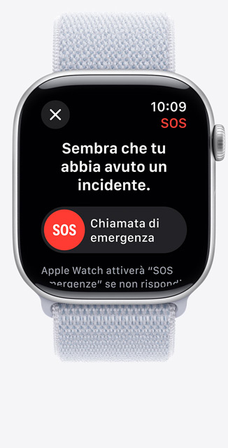 Un Apple Watch Series 10 che mostra una notifica della funzione Rilevamento cadute.