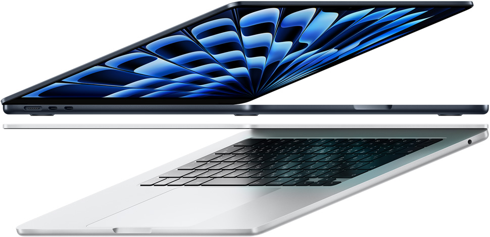 ミッドナイトとシルバーのMacBook Air M3モデルの側面