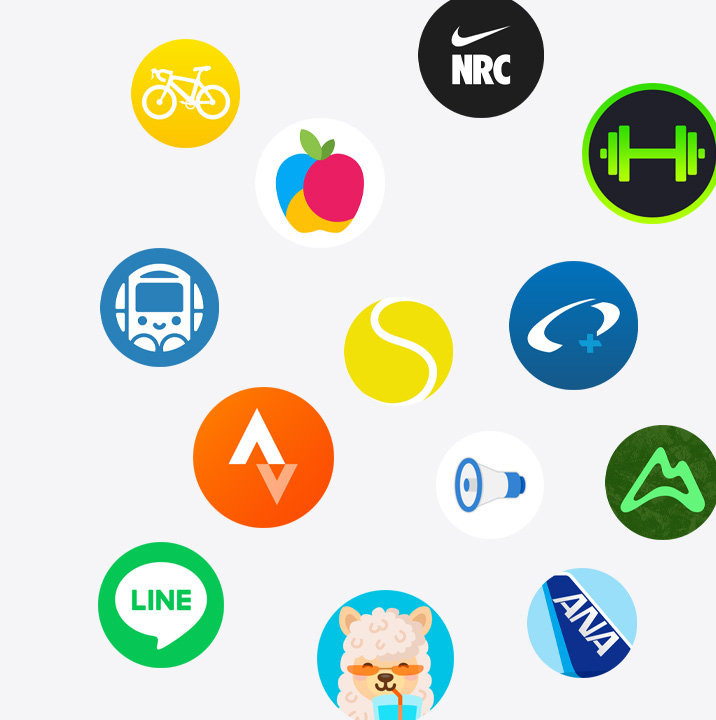 App StoreにあるApple Watch用アプリを紹介する画像。Cyclemeter、YAZIO、Nike Run Club、SmartGym、駅すぱあと、SwingVision、Oceanic+、Strava、Yahoo!防災速報、AllTrails、LINE、Waterllama、ANAアプリのアイコンがある