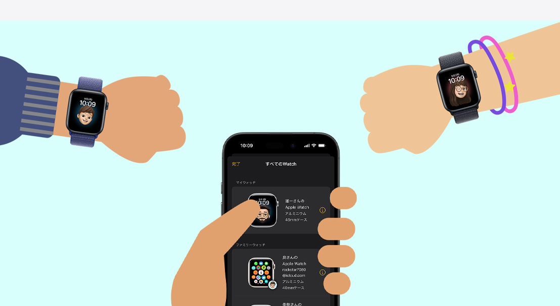 2人の子どもの手と、iPhone 16を持っている大人の手のイラスト。子どもたちはApple Watch SEを装着している。大人の手はApple Watchの子ども向け設定をセットアップしている