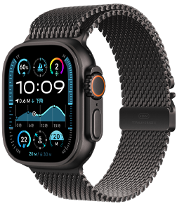 Apple Watch Ultra 2、ブラックチタニウムケースとブラックチタニウムミラネーゼループバンド