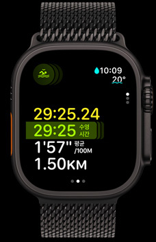 수영 운동 수치가 떠 있는 멀티 스포츠 기능이 표시된 Apple Watch Ultra 2의 모습.