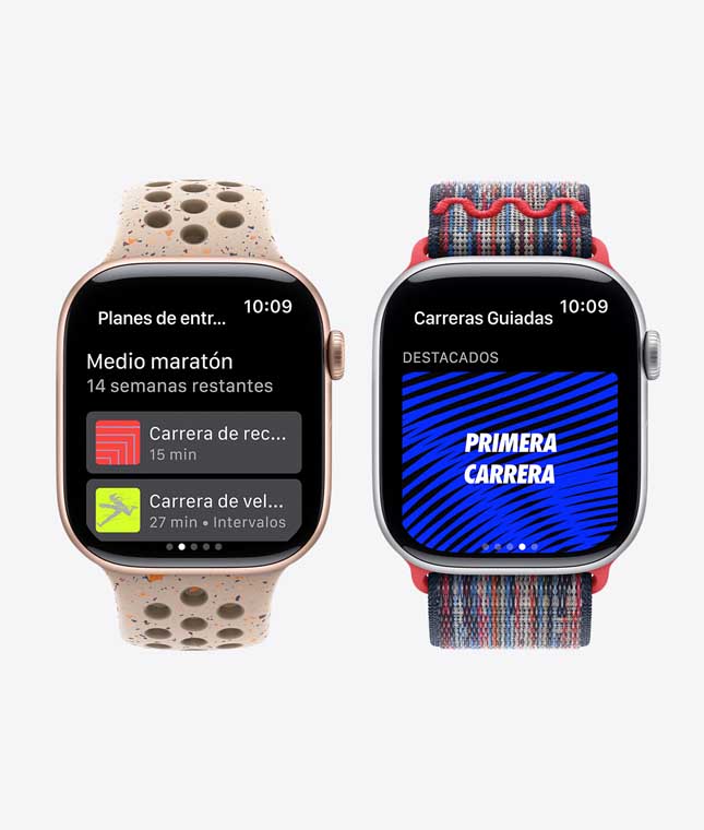 Dos dispositivos Apple Watch muestran funcionalidades de Nike Run Club: planes de entrenamiento y una ruta de la carrera.