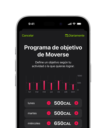 Vista frontal de un iPhone 16, interfaz de usuario con un texto que dice programa del objetivo Moverse