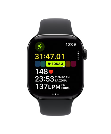 Vista frontal de un Apple Watch Series 10 con correa deportiva negra, interfaz de usuario con un texto que dice Entrenamiento, Carrera al Aire Libre y Zonas de Frecuencia Cardiaca
