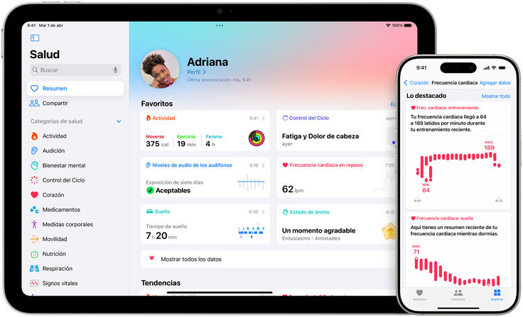 Pantalla que muestra el Resumen de Salud y Favoritos, al lado se muestra otra pantalla con un texto que dice Salud, Frecuencia Cardiaca, Lo destacado