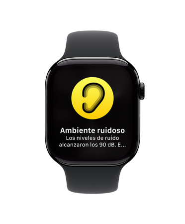 Vista frontal de un Apple Watch Series 10 con correa deportiva blanca, interfaz de usuario con un texto que dice Ovulación, Historial del Ciclo
