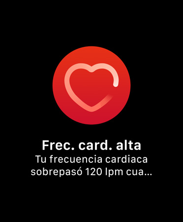 Interfaz de usuario de Notificación de frecuencia cardiaca alta con un texto que dice: 'Frecuencia cardiaca alta Tu frecuencia cardiaca sobrepasó 120 lpm cuando parecía que no tenías actividad durante 10 minutos a partir de la(s) 9:59 a.m.'
