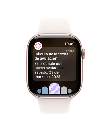 Vista frontal de un Apple Watch Series 10 con correa deportiva blanca, interfaz de usuario con un texto que dice Ovulación, Historial del Ciclo