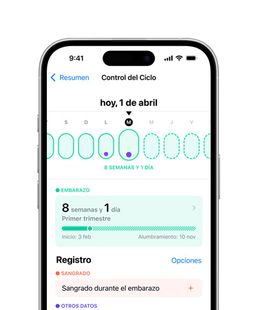 Vista frontal de un iPhone 16, interfaz de usuario con un texto que dice Salud y Control del Ciclo