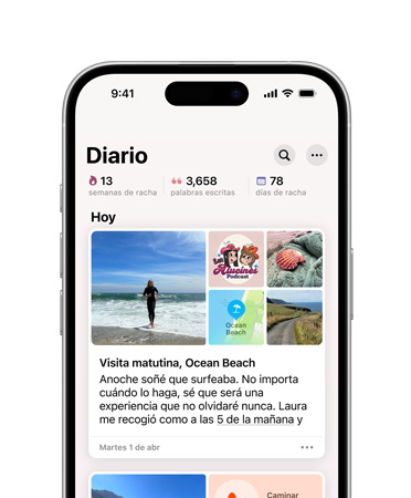 Vista frontal de un iPhone 16 con la app Diario en pantalla