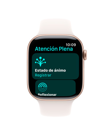 Vista frontal de un Apple Watch Series 10 con correa deportiva blanca, interfaz de usuario con un texto que dice Atención Plena, Estado de Ánimo, Registrar