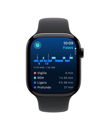 Vista frontal de un Apple Watch Series 10 con correa deportiva negra, interfaz de usuario con un texto que dice Sueño, Fases del sueño, Análisis y Tiempo de sueño
