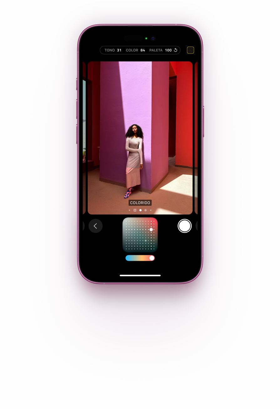 Demostración del Estilo Fotográfico Colorido con el pad de control que te permite ajustar el color y el tono de una foto