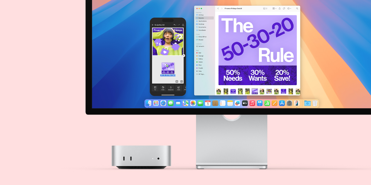 Vista frontal de una Mac mini con puertos delanteros y luz de encendido, que encaja perfectamente debajo de un monitor Mac con una pantalla colorida e íconos de apps en el Dock