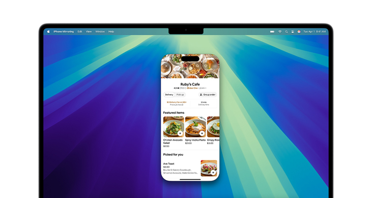 Duplicación del iPhone y la app DoorDash en la pantalla de una MacBook Pro con chip M4.