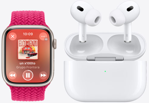 Un Apple Watch Series 10 reproduce una canción junto a unos AirPods 4.