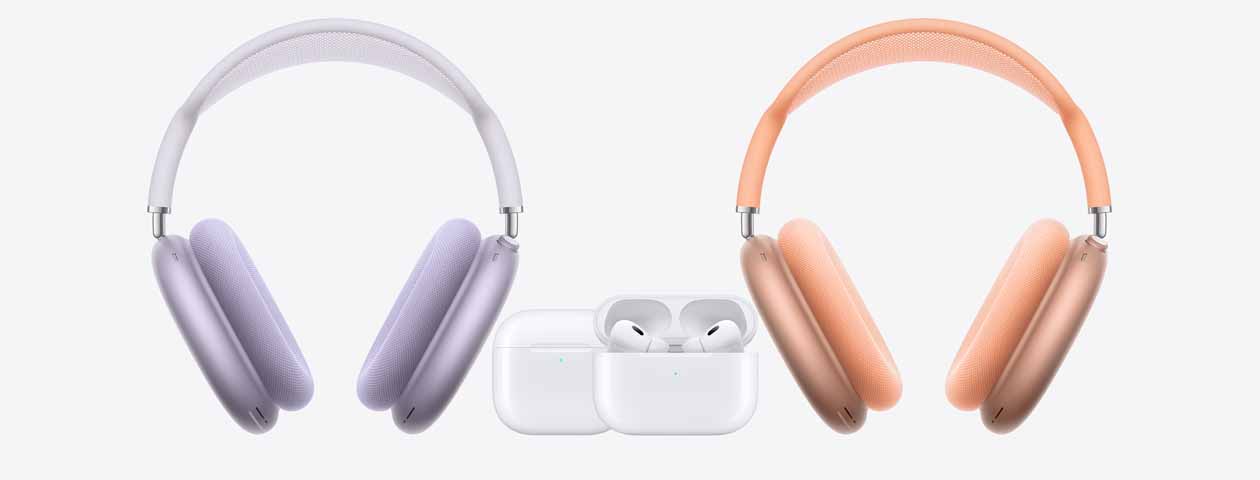 AirPods Max a la izquierda y a la derecha, y AirPods 4 y AirPods Pro 2 en el centro.