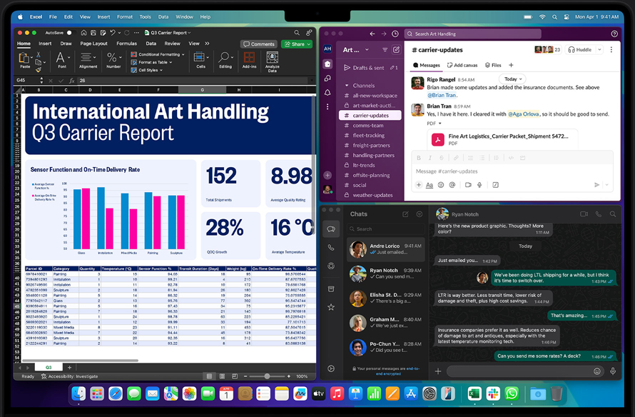 User discusses shipping logistics for art via WhatsApp and Slack while viewing a shipping carrier report