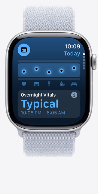 Front view of a Vitals app screen on Apple Watch Series 10 showing that overnight health metrics are typical