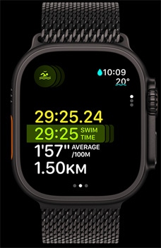 „Apple Watch Ultra 2“ įvairių sporto šakų funkcija parodo plaukimo trukmę, tempą ir atstumą.