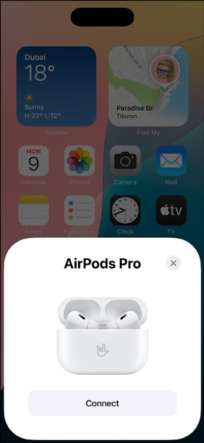 MagSafe Charging Case holding AirPods Pro next to iPhone. Small tile on iPhone home screen displays pop-up with connect button that easily pairs AirPods when tapped.