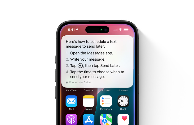 An iPhone is shown with step-by-step guidelines on how to schedule a text message to send later