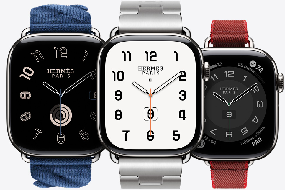 Front view of the new Apple Watch Hermès Ultra 2 showing the new Maritime watch face and En Mer band in Bleu Nuit (blue).