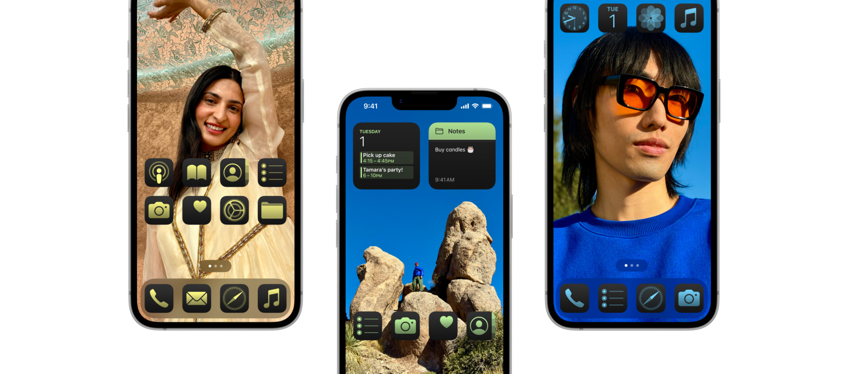 Three partial views of iPhone 16e, each with a different customized Home Screen.