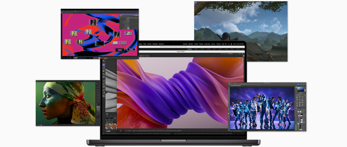 Screens show the various software that can run on Apple Silicon: Xcode, Apple Music, Zoom, Excel, Powerpoint, Keynote, Adobe After Effects, Safari, and a gaming software.