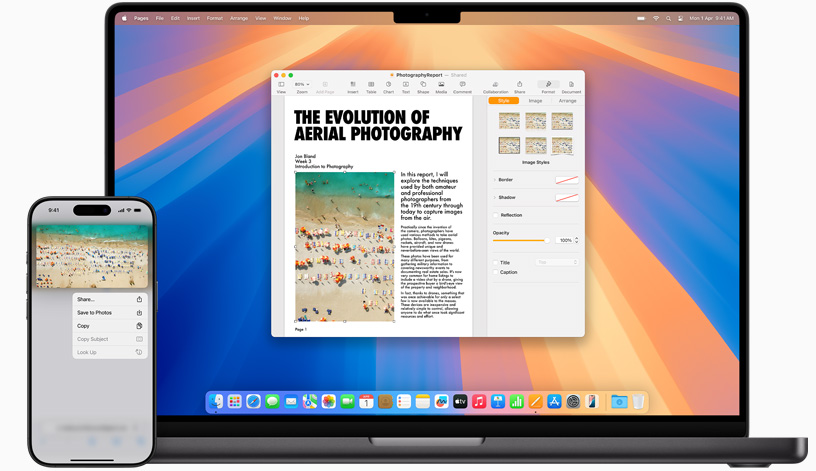 An iPhone next to an open Mac laptop, demonstrating the use of Universal Clipboard by showing the same image on both screens