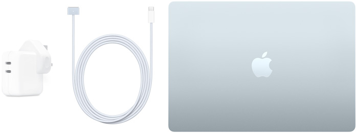 صورة لجهاز MacBook Air مقاس 15 إنش وكابل USB-C إلى MagSafe 3 ومحول طاقة USB-C ثنائي المنفذ بقدرة 35 واط