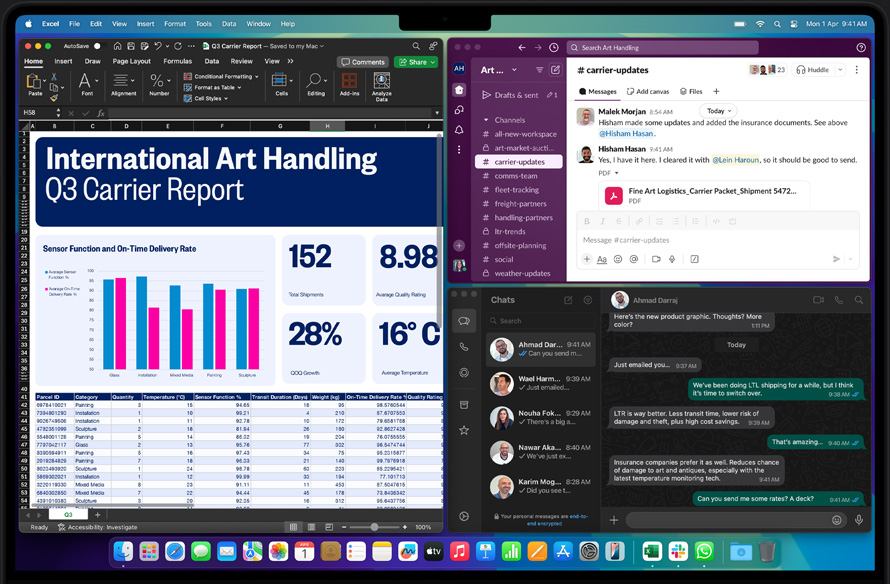 User discusses shipping logistics for art via WhatsApp and Slack while viewing a shipping carrier report