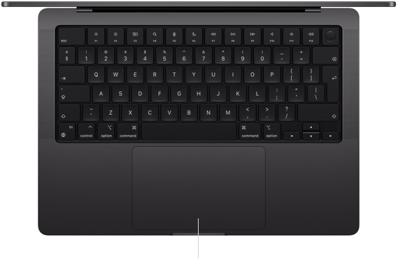 Top-down view of open MacBook Pro 14-inch showing Force Touch trackpad located below keyboard