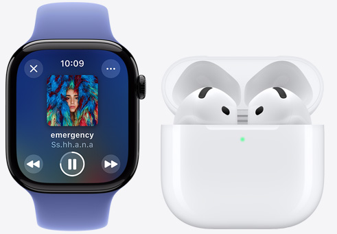 Apple Watch Series 10 playing a song next to AirPods 4.