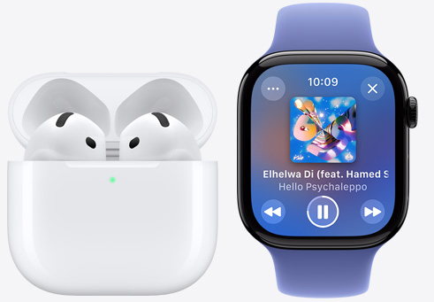 Apple Watch Series 10 تشغل أغنية بجانب AirPods 4.