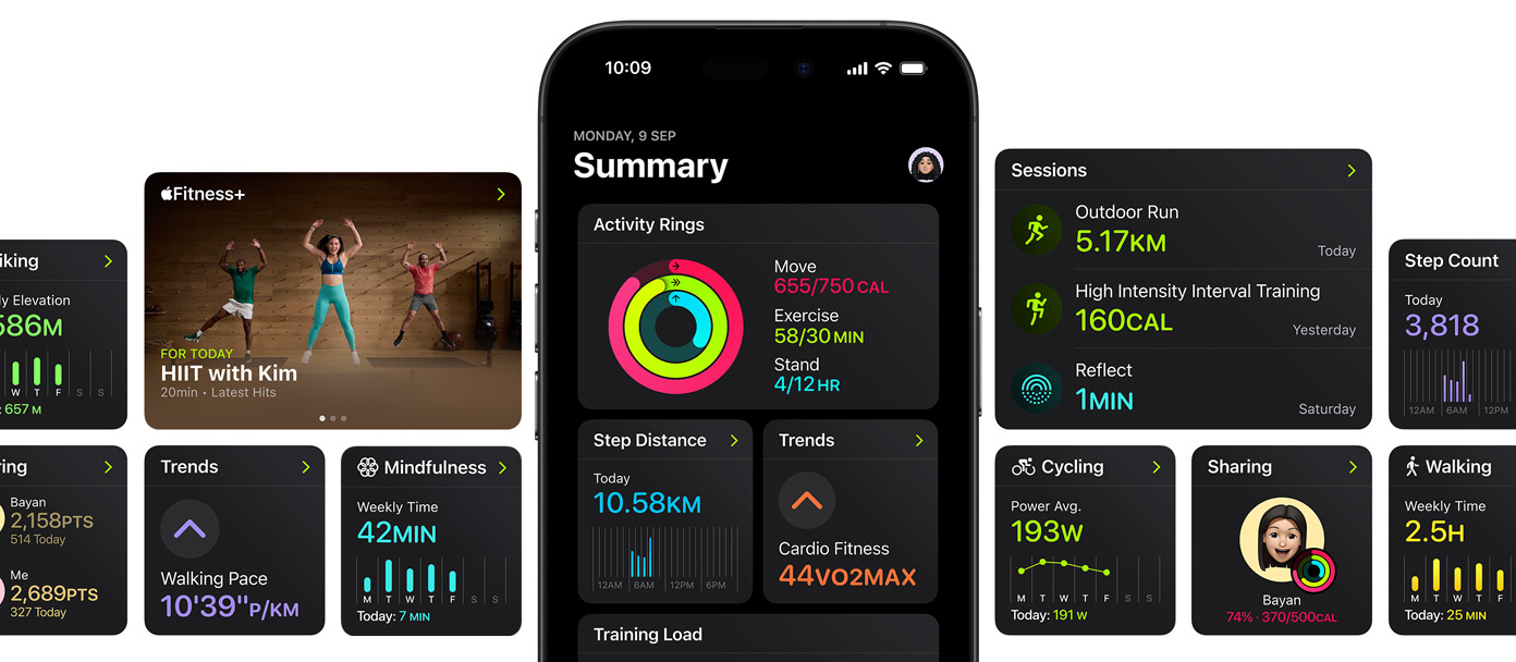 An iPhone in the center of several screens showing customization options for the summary page in the Fitness app.