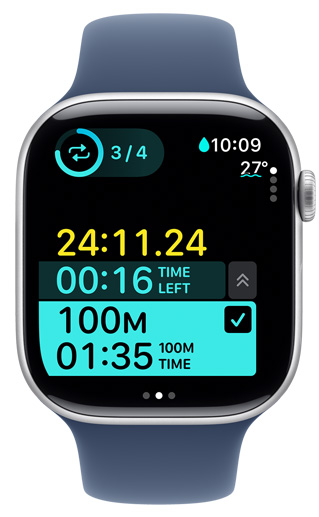 An Apple Watch screen displays the timing of a custom pool swim workout