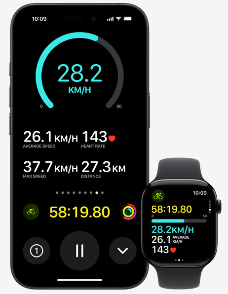 在 Apple Watch 旁邊的 iPhone，螢幕上顯示單車訓練數據