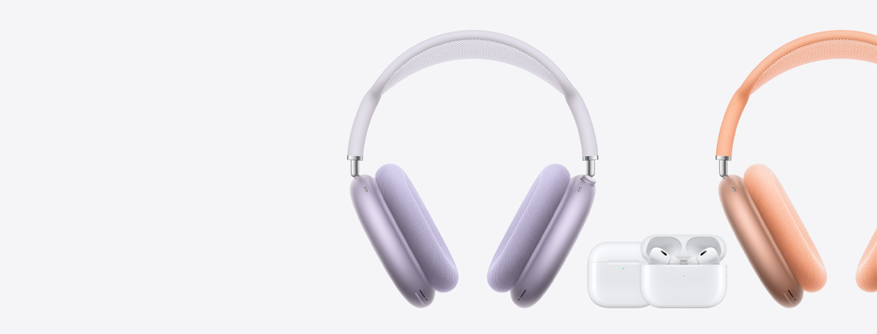 左右兩側是 AirPods Max，置中的是 AirPods 4 及 AirPods Pro 2。