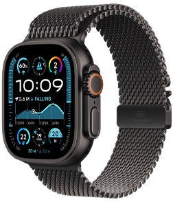 Apple Watch Ultra 2 黑色鈦金屬錶殼配黑色鈦金屬米蘭網織手環錶帶。