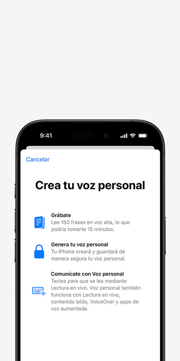 Pantalla de un iPhone 16 Pro que muestra la funcionalidad Voz Personal con instrucciones sobre cómo crearla