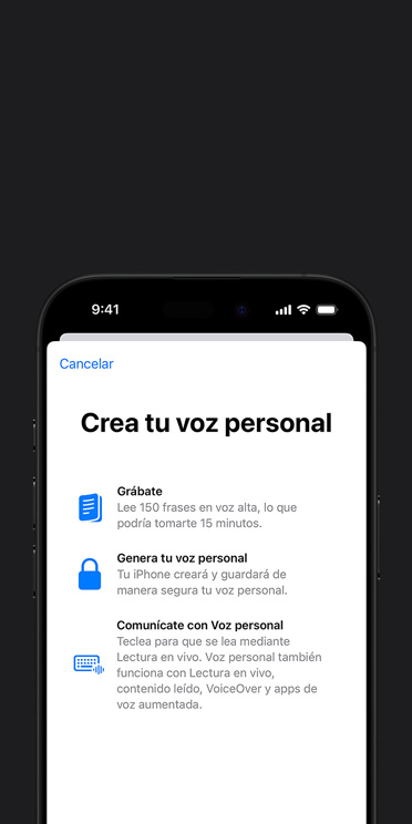 Pantalla de un iPhone 16 Pro que muestra la funcionalidad Voz Personal con instrucciones sobre cómo crearla