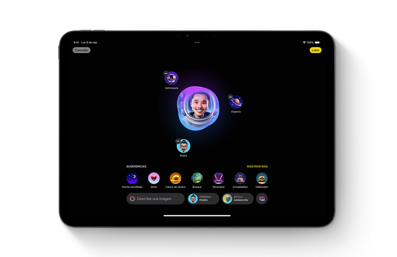 Se muestra la app Image Playground en un iPad. En el centro hay una imagen personalizada rodeada de las distintas ideas y palabras clave que se usaron para crearla.